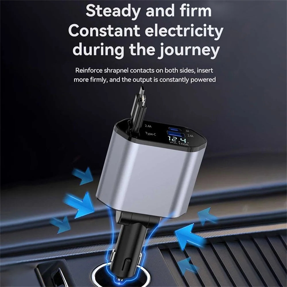 Ultimate 4-in-1 Fast Car Charger: Retractable 100W Power with iPhone and Type-C Cables for On-the-Go Charging