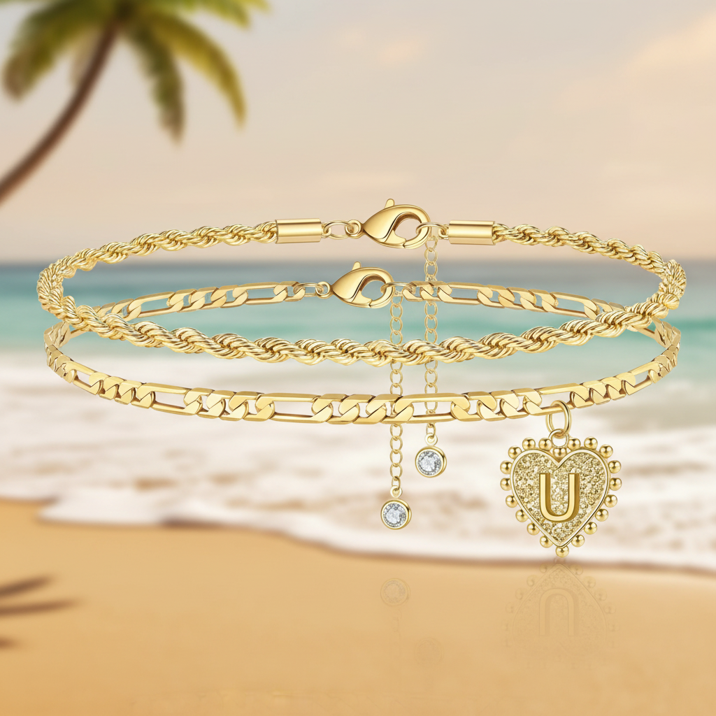 Chic Gold Initial Ankle Bracelets with Heart Charm - Perfect Summer Gifts for Her