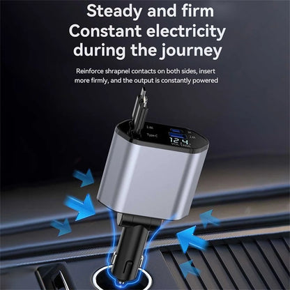 Ultimate 4-in-1 Fast Car Charger: Retractable 100W Power with iPhone and Type-C Cables for On-the-Go Charging