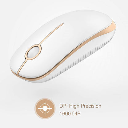 Sleek and Silent Wireless Mouse - 2.4G Slim Portable Optical Mouse for Effortless Navigation on PC, Laptop, and Notebook - Elegant White and Gold Design