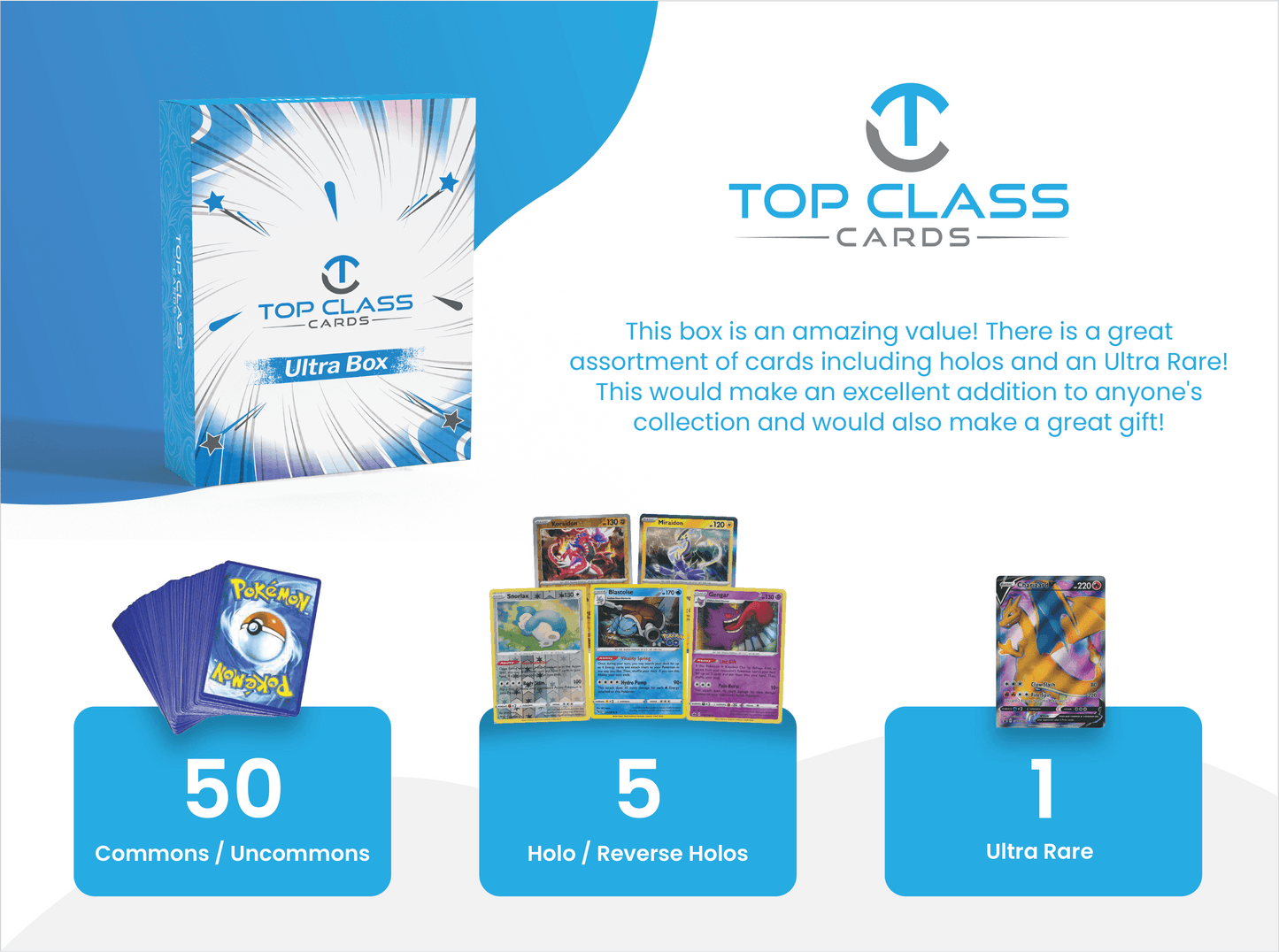 Top Class Cards | Ultra Box | 50 Cards | 5 Holos/Reverse Holos | 1 Ultra Rare Guaranteed | Compatible with Pokemon Cards