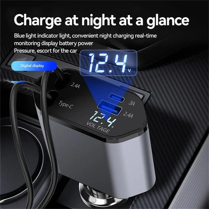 Ultimate 4-in-1 Fast Car Charger: Retractable 100W Power with iPhone and Type-C Cables for On-the-Go Charging