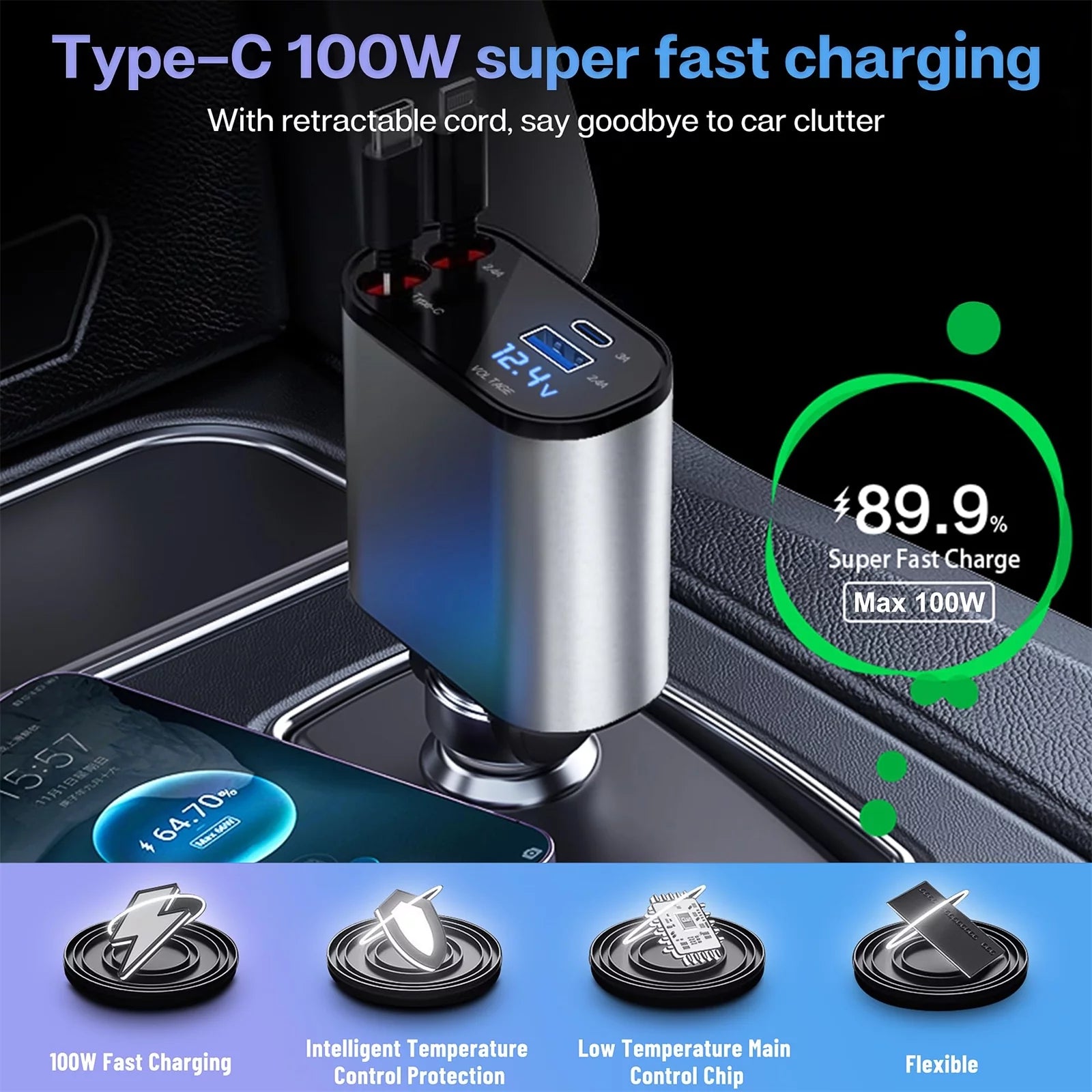 Ultimate 4-in-1 Fast Car Charger: Retractable 100W Power with iPhone and Type-C Cables for On-the-Go Charging
