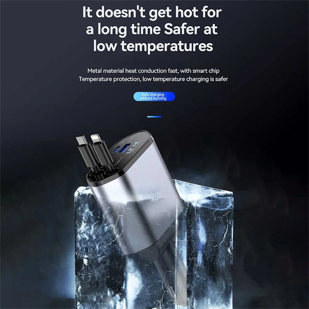 Ultimate 4-in-1 Fast Car Charger: Retractable 100W Power with iPhone and Type-C Cables for On-the-Go Charging