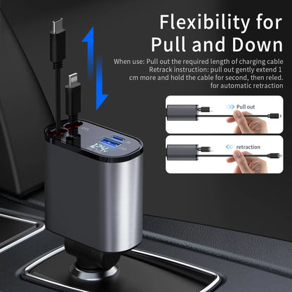 Ultimate 4-in-1 Fast Car Charger: Retractable 100W Power with iPhone and Type-C Cables for On-the-Go Charging