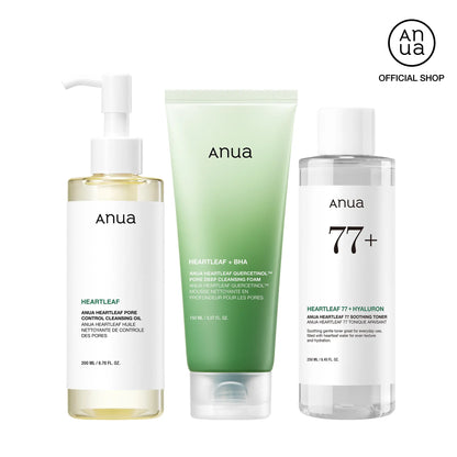 Discover the Anua Essential Trio: Oil Cleanser, Deep Cleansing Foam, and Calming Toner for Radiant Skin
