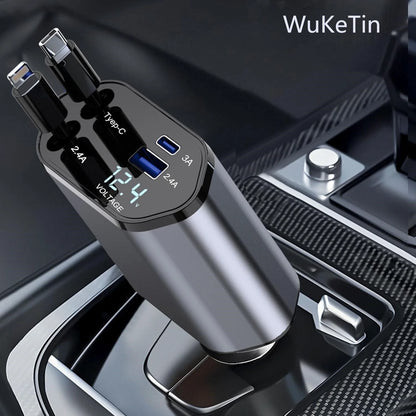 Ultimate 4-in-1 Fast Car Charger: Retractable 100W Power with iPhone and Type-C Cables for On-the-Go Charging