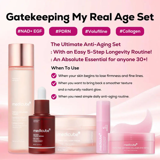 Medicube Gatekeeping My Real Age Set | Comprehensive 5-Step Anti-Aging Routine with PDRN, Volufiline, Collagen, and NAD+ EGF Complex for Fine Lines, Firmness, and Radiant, Youthful Skin | Korean Skincare, K-Beauty
