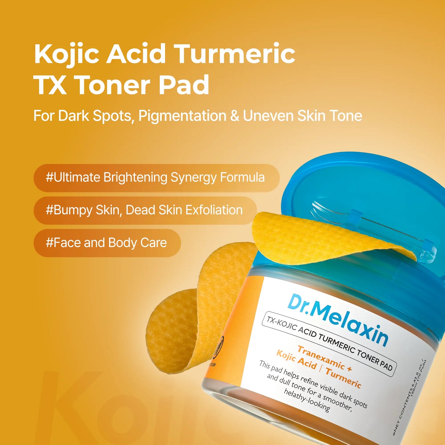 Dr.Melaxin Kojic Acid Turmeric TX Toner Pads - 70 Pads for Brightening & Even Tone