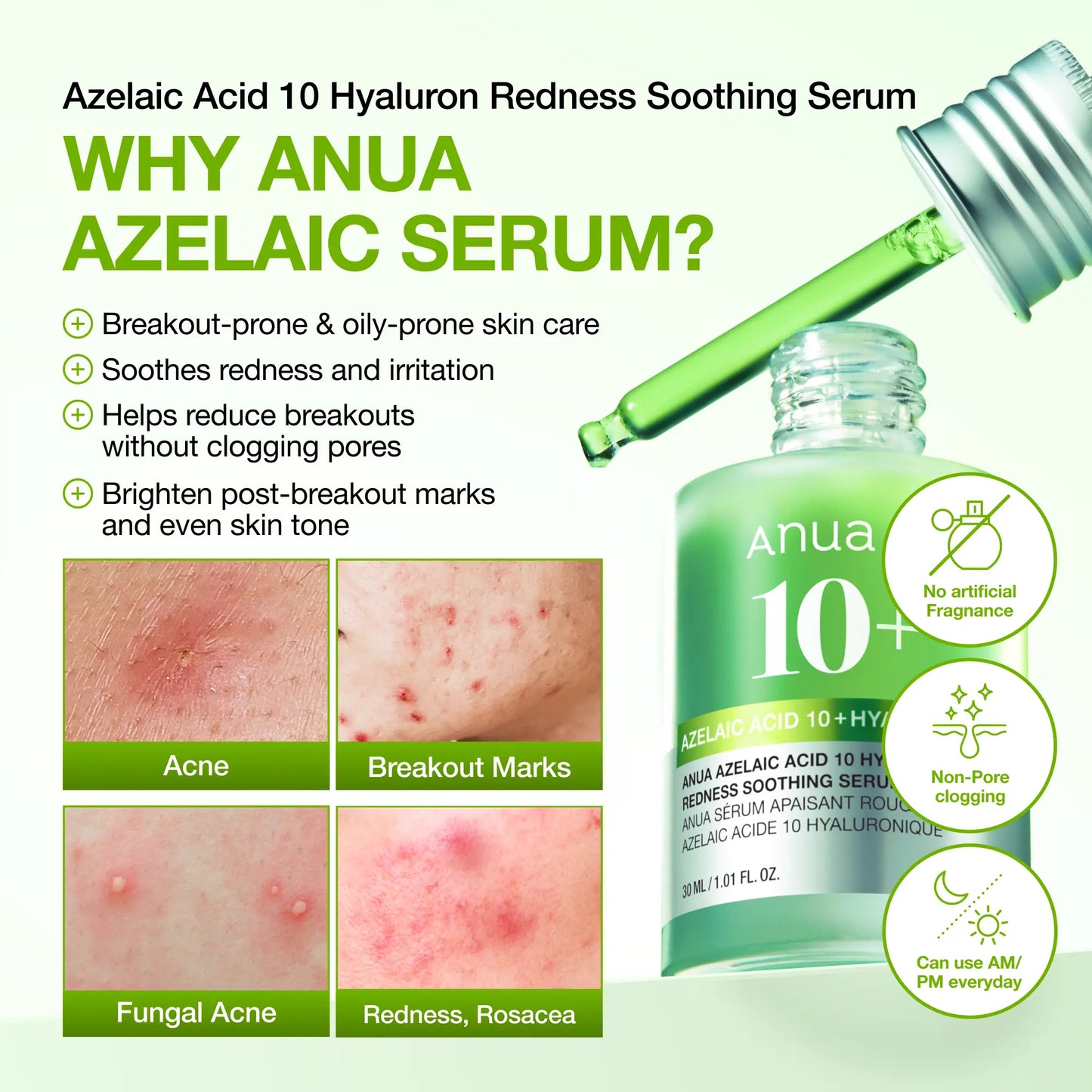 Anua Azelaic Acid 10 Hyaluron Redness Soothing Serum 1.01 Fl.Oz.(30Ml)