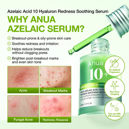 Anua Azelaic Acid 10 Hyaluron Redness Soothing Serum 1.01 Fl.Oz.(30Ml)