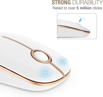 Sleek and Silent Wireless Mouse - 2.4G Slim Portable Optical Mouse for Effortless Navigation on PC, Laptop, and Notebook - Elegant White and Gold Design