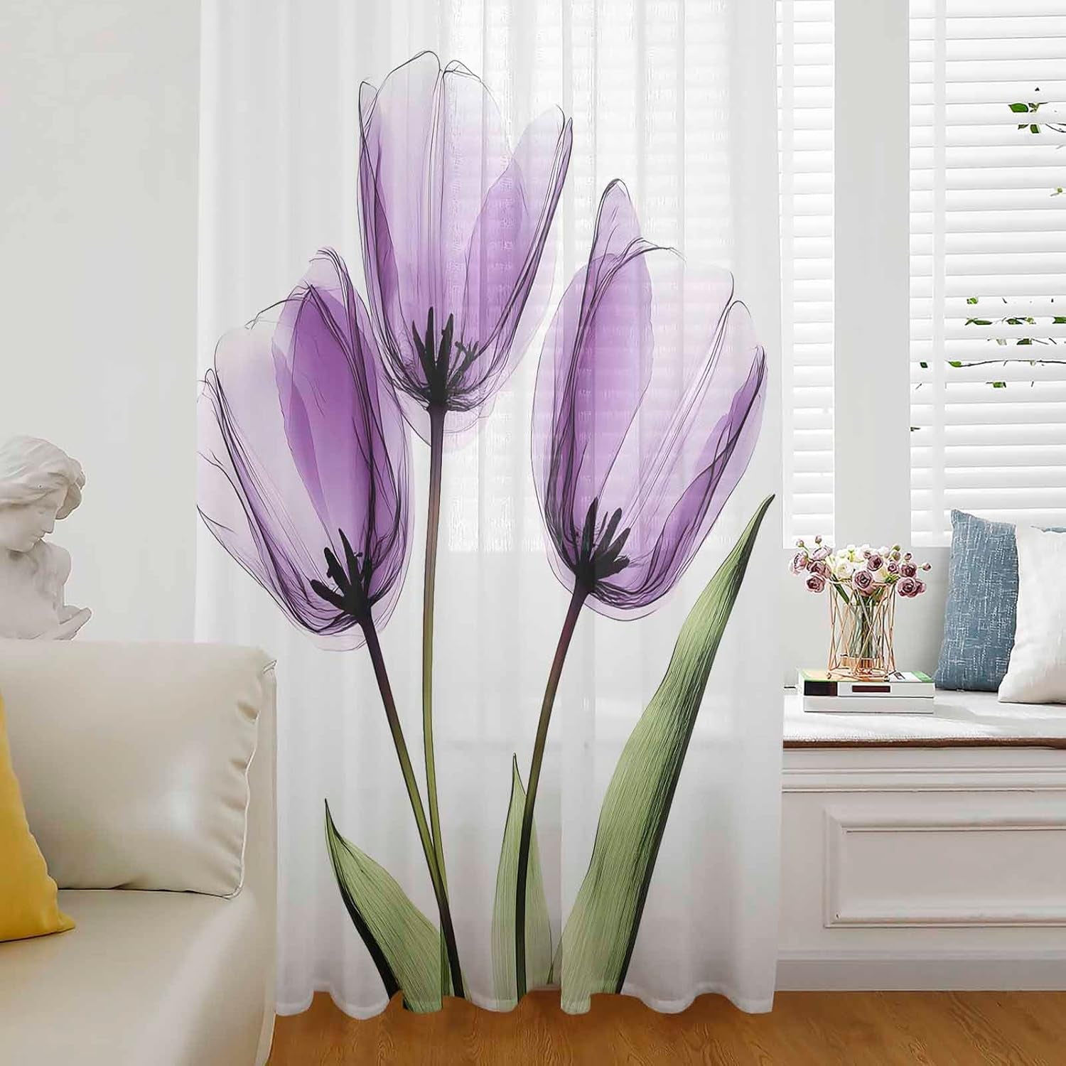 Charming Purple Tulip Sheer Curtains - Elegant 63" Long Window Drapes for Every Room