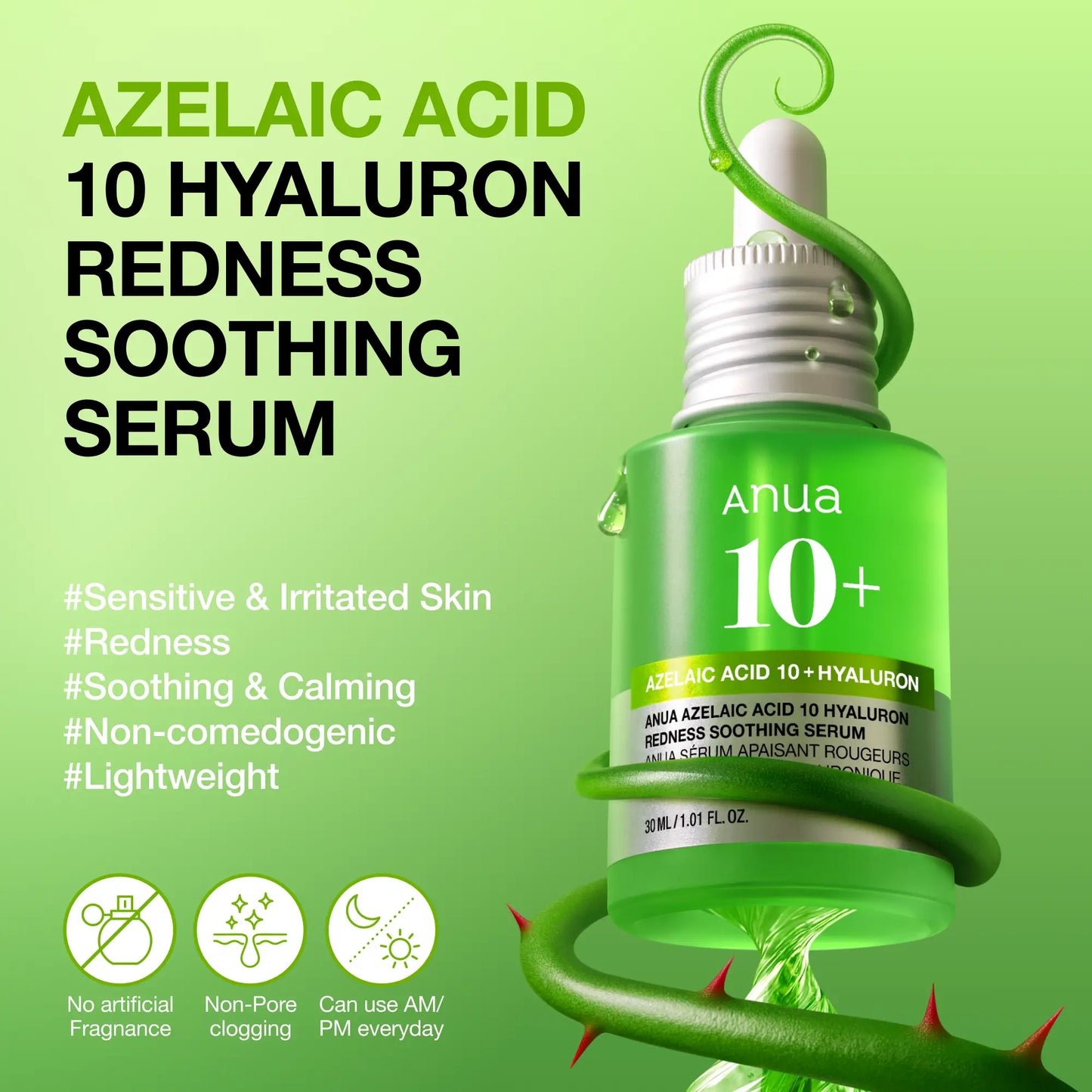 Anua Azelaic Acid 10 Hyaluron Redness Soothing Serum 1.01 Fl.Oz.(30Ml)