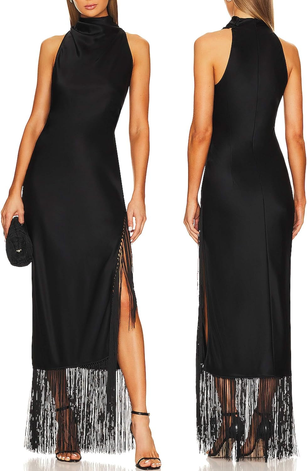 Stunning 1920s Vintage Flapper Maxi Dress with Fringed Halter Neck and High Split for Elegant Soirees