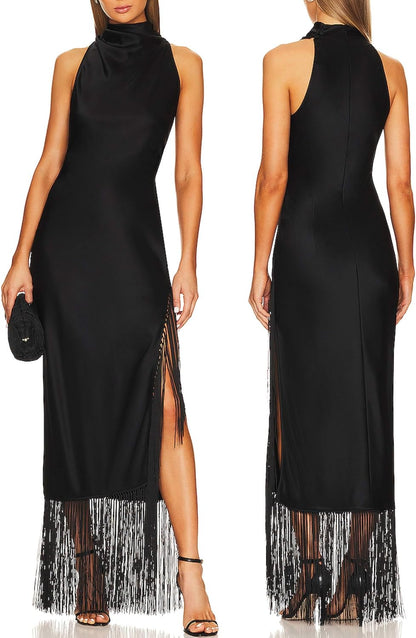 Stunning 1920s Vintage Flapper Maxi Dress with Fringed Halter Neck and High Split for Elegant Soirees