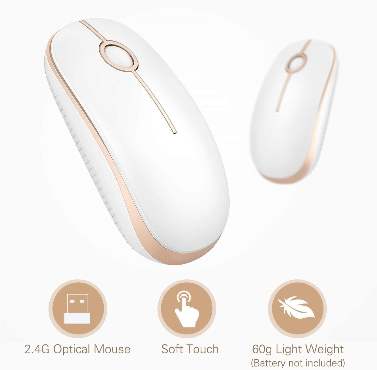Sleek and Silent Wireless Mouse - 2.4G Slim Portable Optical Mouse for Effortless Navigation on PC, Laptop, and Notebook - Elegant White and Gold Design