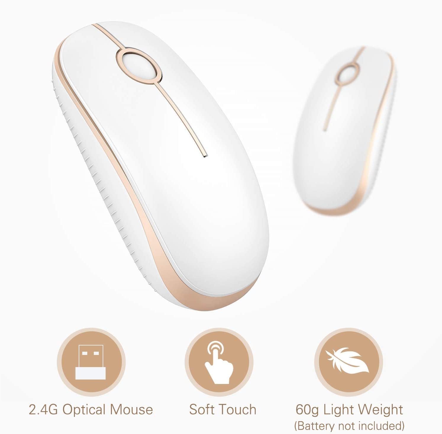 Sleek and Silent Wireless Mouse - 2.4G Slim Portable Optical Mouse for Effortless Navigation on PC, Laptop, and Notebook - Elegant White and Gold Design