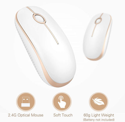 Sleek and Silent Wireless Mouse - 2.4G Slim Portable Optical Mouse for Effortless Navigation on PC, Laptop, and Notebook - Elegant White and Gold Design