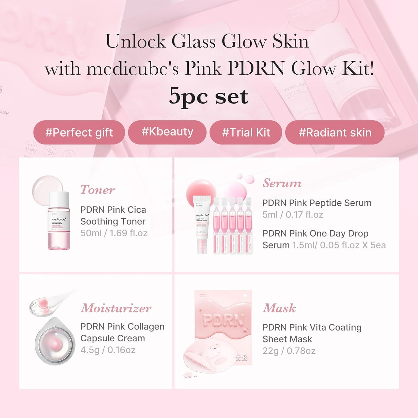 Salmon DNA PDRN Glow Kit | Glass Glow Mini Skincare Set with Toner, Serum & Sheet Mask for Hydrating, Firming, Moisturizing |Gift & Travel Essentials for Women & Girls | Korean Skincare