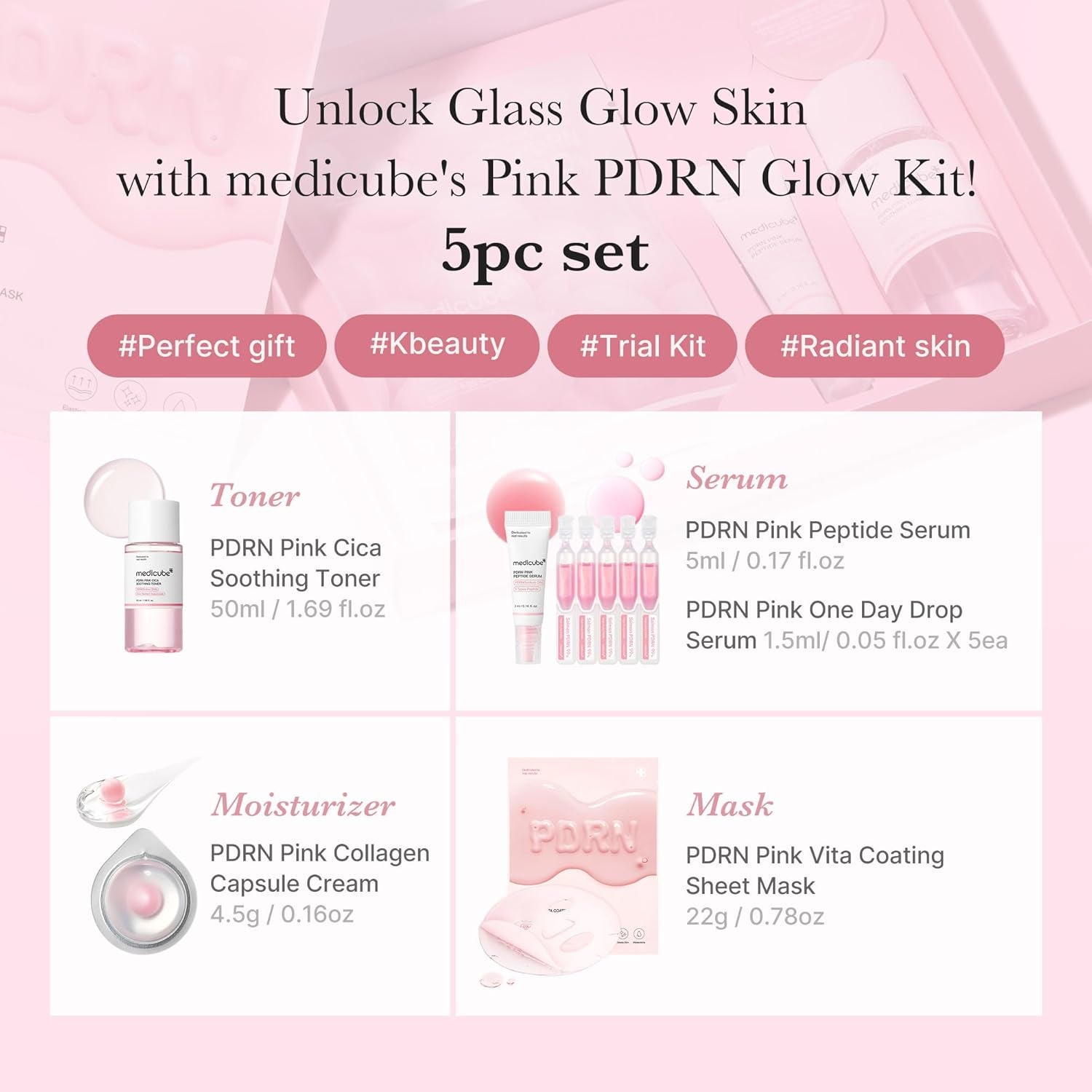 Salmon DNA PDRN Glow Kit | Glass Glow Mini Skincare Set with Toner, Serum & Sheet Mask for Hydrating, Firming, Moisturizing |Gift & Travel Essentials for Women & Girls | Korean Skincare